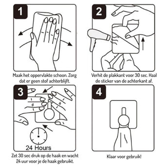 Bevestig de Rudro Black handdoekhaak van yessential.nl in 4 stappen: maak schoon, verwarm en plak, druk 30 sec. aan en wacht 24 uur. Daarna is de haak direct klaar voor gebruik!.