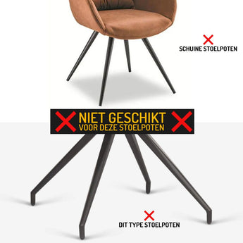 De Paco Set Ø 25-29mm van yessential.nl is afgebeeld op een bruine stoel met schuine poten. Een waarschuwingsbord geeft aan dat hij niet geschikt is voor deze poten; zwarte schuine poten zijn doorgestreept en gemarkeerd als ongeschikt voor deze vloerbeschermer.
