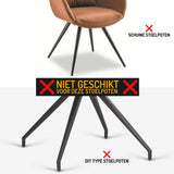 De bovenste afbeelding toont schuine stoelpoten; de onderste heeft rechte, uitgespreide poten met een rode waarschuwing in het Nederlands-NIET GESCHIKT VOOR DEZE STOELPOTEN- wat betekent niet geschikt voor Paco Set Ø 12-16mm by yessential.nl.