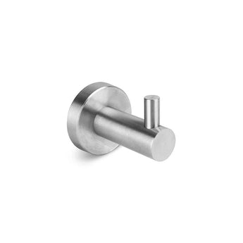 De Romano RVS WC set van yessential.nl heeft een roestvrijstalen wandhaak met een cilindrisch ontwerp en korte voorwaartse knijper op een ronde basis, perfect voor elke RVS badkamer set. Afgebeeld geïsoleerd op een witte achtergrond.