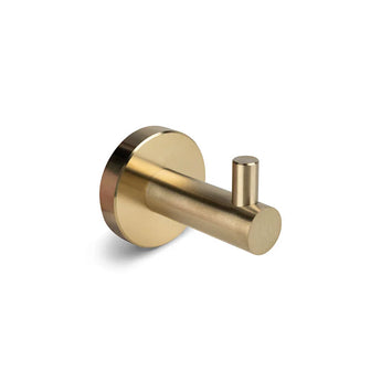 Een gouden cilindervormige wandhaak met ronde basis uit de Romano Gold WC set van yessential.nl, ontworpen om items aan op te hangen, wordt getoond tegen een effen witte achtergrond.