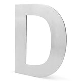 Een grote, metalen hoofdletter D uit de Animo RVS 15cm (no drill) serie van yessential.nl staat rechtop met een strakke geborstelde afwerking - ideaal als moderne huisnummers voor je huis of kantoor tegen een effen witte achtergrond.