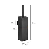 De Alessino Black toiletborstel van yessential.nl is matzwart met houder, rechthoekig ontwerp en handvat. Afmetingen: 390mm hoog, 80mm breed, 50mm diep, 122mm voorkant. Afmetingslijnen zichtbaar op de foto.