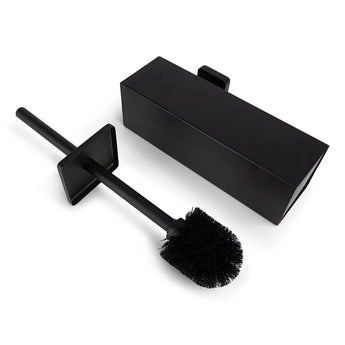 De Alessino Black toiletborstel met houder van yessential.nl heeft een matzwarte, vierkante handgreep en staat naast de bijpassende rechthoekige houder. Beide kenmerken zich door het moderne, minimalistische ontwerp.