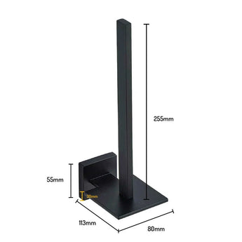 De Bellino Black van yessential.nl is een moderne toiletrolhouder met een strakke zwarte afwerking, verticale standaard met L-vormige steun en rechthoekige voet. Afmetingen: 255mm hoog, 113mm lang, 80mm breed - een combinatie van stijl en functionaliteit.