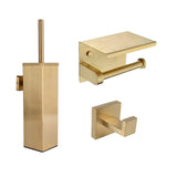 De Verano Gold WC set van yessential.nl heeft moderne goudkleurige accessoires: een vierkante toiletborstelgarnituur, een toiletpapierhouder met planchet en een vierkante dubbele badjashaak, allemaal in een geborsteld goud afwerking.