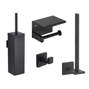 De Moreno Black WC-set van yessential.nl bestaat uit vier matzwarte badkameraccessoires - een borstelhouder, een papierhouder met planchet, een haak en verticale opbergruimte - uitgevoerd in een modern, minimalistisch design.