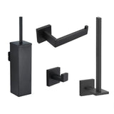 De Venzo Black WC-set van yessential.nl bestaat uit een toiletborstelgarnituur, papierhouder, wandhaak en verticale staander - allemaal met een strak vierkant ontwerp - tegen een witte achtergrond.