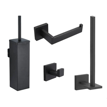De Venzo Black WC-set van yessential.nl bestaat uit een toiletborstelgarnituur, papierhouder, wandhaak en verticale staander - allemaal met een strak vierkant ontwerp - tegen een witte achtergrond.