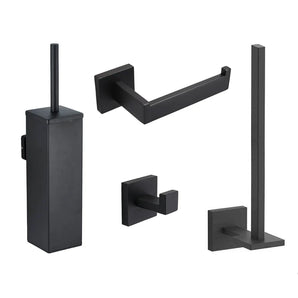 De Venzo Black WC-set van yessential.nl bestaat uit een toiletborstelgarnituur, papierhouder, wandhaak en verticale staander - allemaal met een strak vierkant ontwerp - tegen een witte achtergrond.