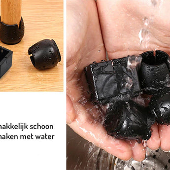 Een hand spoelt zwarte siliconen Paco Set Ø 17-21mm beschermdoppen van yessential.nl af onder stromend water boven een gootsteen. Links verschijnen twee anti-kras stoelpoot beschermers - één op een stoelpoot, één plat. De Nederlandse tekst luidt: Gemakkelijk schoon te maken met water.