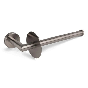 De Fabiano Gunmetal WC-set van yessential.nl is een moderne, aan de muur gemonteerde toiletrolhouder met een cilindrische stang en ronde voet - ideaal voor elke stijlvolle badkamer of als onderdeel van je luxe WC-accessoires.
