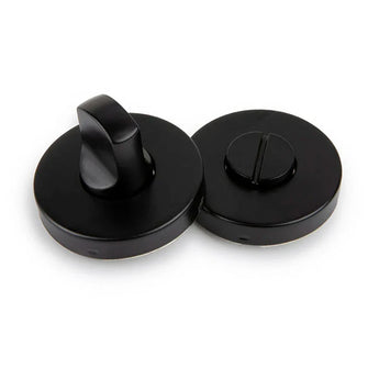 Twee yessential.nl Rodi Black WC-sloten - een rond zwart deurslot met draaiknop en een met een RVS WC slot voor muntgeld of schroevendraaier - worden getoond tegen een witte achtergrond.