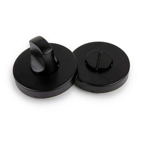 Twee yessential.nl Rodi Black WC-sloten - een rond zwart deurslot met draaiknop en een met een RVS WC slot voor muntgeld of schroevendraaier - worden getoond tegen een witte achtergrond.