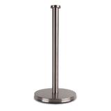 De Alexo Gunmetal WC Set (zonder boren) van yessential.nl heeft een strakke papieren handdoekhouder met een ronde basis in moderne gunmetal stijl-ideaal voor je toilet accessoireset en installeerbaar zonder boren. Afgebeeld op een witte achtergrond.