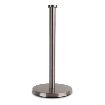 De Alexo Gunmetal WC Set (zonder boren) van yessential.nl heeft een strakke papieren handdoekhouder met een ronde basis in moderne gunmetal stijl-ideaal voor je toilet accessoireset en installeerbaar zonder boren. Afgebeeld op een witte achtergrond.