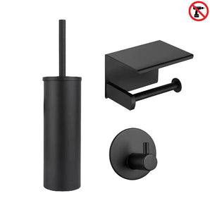 De Juano Black WC Set (no-drill) van yessential.nl bevat een matzwarte toiletborstel met houder, een toiletrolhouder met plankje en een ronde wandhaak. Eenvoudige montage zonder boren dankzij het no-drill ontwerp.