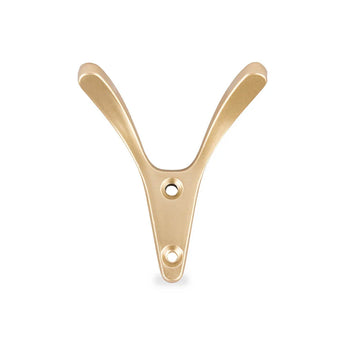 De Vilano Gold van yessential.nl is een gouden kapstokhaakje met Y-vormig ontwerp en twee montagemgaten, afgebeeld tegen een witte achtergrond.