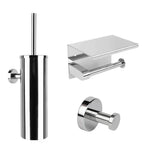 De Midao Chroom WC-set van yessential.nl heeft een wandgemonteerde toiletborstelhouder, toiletpapierhouder met planchet en een enkele badjashaak in een gepolijste afwerking - ideale badkameraccessoires voor moderne ruimtes.