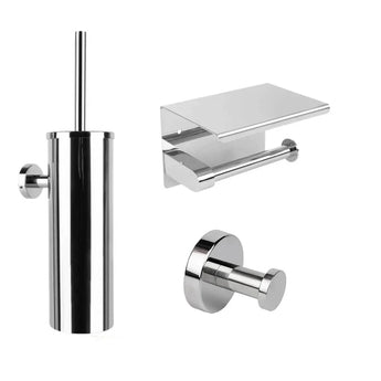De Midao Chroom WC-set van yessential.nl heeft een wandgemonteerde toiletborstelhouder, toiletpapierhouder met planchet en een enkele badjashaak in een gepolijste afwerking - ideale badkameraccessoires voor moderne ruimtes.