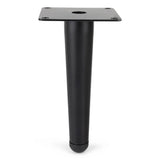 De Kenino Black 12cm van yessential.nl is een stevige zwart metalen meubelpoot met een taps toelopende cilindrische vorm, een rechthoekige montageplaat met vier schroefgaten en een afgerond uiteinde - perfect als stevige stalen meubelpootjes voor moderne meubels.