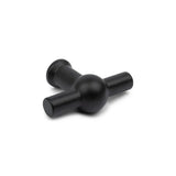 De 10x Rando Black Knob van yessential.nl is een matzwarte T-vormige meubelknop met ronde kern en cilindrische handgrepen, afgebeeld op een witte achtergrond.
