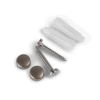 Upgrade je badkamer met de Santino Gunmetal WC-set van yessential.nl- Inclusief twee metalen schroeven, twee witte pluggen en twee gunmetal dopjes, ideaal om je toiletaccessoires of WC-set stijlvol te moderniseren.