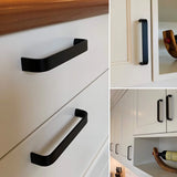 Collage met Leonardo Black Deluxe van yessential.nl op witte keukenlades en -kastjes, met close-up en wide shots. Een houten wijnrek met een wijnfles is zichtbaar op een plank in de afbeelding rechtsonder.