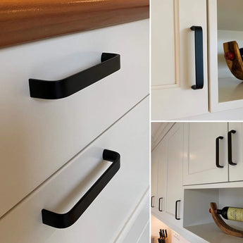 Collage met Leonardo Black Deluxe van yessential.nl op witte keukenlades en -kastjes, met close-up en wide shots. Een houten wijnrek met een wijnfles is zichtbaar op een plank in de afbeelding rechtsonder.