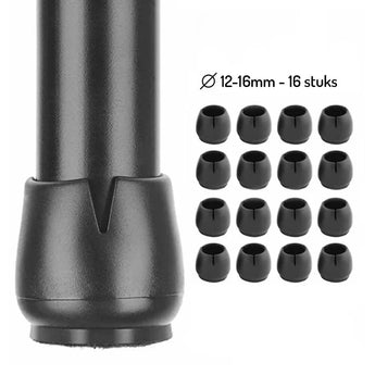 Close-up van een zwart rubberen Paco Set Ø 25-29mm van yessential.nl op een metalen buis. Rechts staan 16 identieke doppen in een raster. De tekst luidt Ø 25-29mm - 16 stuks, perfect voor vloerbescherming en anti-kras vilt op 25-29mm buizen.