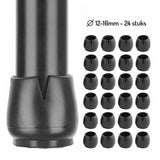 Close-up van een zwarte meubelpoot met een Paco Set Ø 12-16mm beschermdop van yessential.nl. Rechts zijn 24 identieke stukjes netjes gerangschikt. De tekst erboven luidt: ⌀ 12-16mm - 24 stuks.