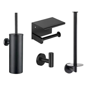De Pacho Black WC-set van yessential.nl bestaat uit een toiletborstelgarnituur, papierhouder met deksel, wandhaak en reserverolhouder - allemaal in matzwarte afwerking met een modern minimalistisch design. De ideale zwarte toiletaccessoireset voor elke stijlvolle badkamer.