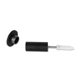 De 4x Carreno Black van yessential.nl is een strak zwart cilindrisch handdoekhaakje van roestvrij staal, gedemonteerd afgebeeld met metalen schroef en wit muuranker - een moderne toevoeging aan je badkamer accessoires.