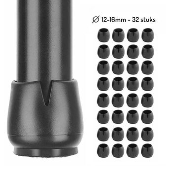 Close-up van een zwart rubberen Paco Set Ø 21-25mm stoelpootdop met vilt van yessential.nl voor vloerbescherming stoelen, met een raster van identieke punten. De tekst Ø 21-25mm - 32 stuks geeft het diameterbereik en de hoeveelheid aan.