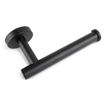 De Lorenzo Black WC set van yessential.nl is een matzwarte, aan de muur gemonteerde toiletrolhouder met ronde voet en rechte arm - perfect voor moderne zwarte toiletten en luxe matzwarte badkameraccessoires.