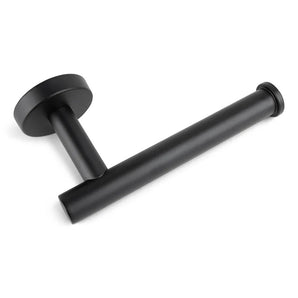 De Tino Black van yessential.nl is een matzwarte wandclosethouder met een minimalistische ronde basis en rechte stang - ideaal als aanvulling op matzwarte toiletaccessoires.