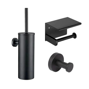 De Midao Black WC-set van yessential.nl bestaat uit drie strakke onderdelen: een wandclosetborstelhouder, een toiletpapierhouder met planchet en een badjashaak - perfecte badkameraccessoires voor elke moderne badkamer.