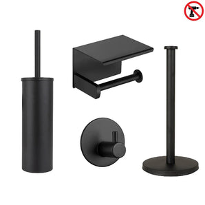 De Delo Black WC Set (no-drill) van yessential.nl bevat vier matzwarte accessoires: een toiletborstel met houder, wandrolhouder met plankje, ronde wandhaak en staande houder. Eenvoudige installatie zonder boren.
