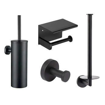 De Santino Black WC-set van yessential.nl bestaat uit vier aan de muur gemonteerde onderdelen: een wc-borstelhouder, zwarte papierhouder met planchet, badjashaak en reservepapierhouder - ideaal voor een strakke, moderne badkamer.