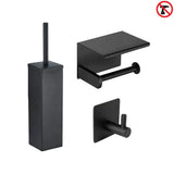 De Lazzo Black WC Set (zonder boren) van yessential.nl bestaat uit een matzwarte toiletborstel met houder, toiletpapierhouder met planchet en wandhaak. Het zonder boren icoon bevestigt de eenvoudige installatie zonder boren.