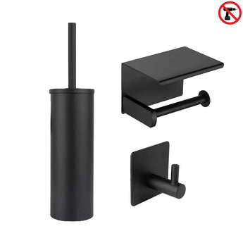 De matzwarte WC Set bestaat uit matzwarte toiletaccessoires: een borstel met houder, toiletrolhouder met planchet en wandhaak.