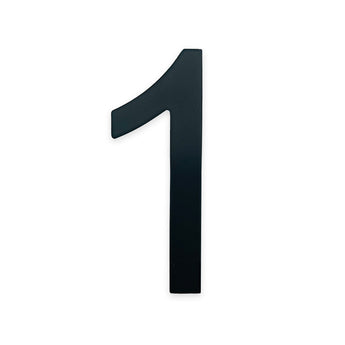 Een zwart nummer één in een modern, schreefloos lettertype is gecentreerd op wit, wat lijkt op het yessential.nl Animo Black 7,6cm (geen boor) huisnummer voor een strakke, eigentijdse look.
