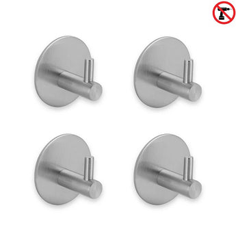 Vier yessential.nl 4x Rudro Haken 3M met een ronde basis zijn afgebeeld op een witte achtergrond. Met een no-drill symbool zijn deze roestvrijstalen zelfklevende haken eenvoudig te installeren en perfect als handdoekhaakjes voor elke kamer.