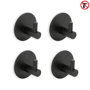 Vier ronde zwarte Rudro Hooks 3M van yessential.nl zijn afgebeeld op een witte achtergrond. Een klein pictogram geeft aan dat boren niet nodig is - deze zelfklevende haken zijn perfect voor eenvoudige installatie. Set bestaat uit 4 haken.