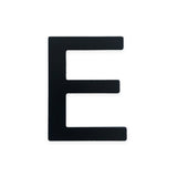 Een grote, vette, zwarte hoofdletter E (7,6 cm) uit de Animo Black 7,6cm (no drill) serie van yessential.nl op een effen witte achtergrond-ideaal voor zelfklevende huisnummers.