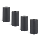 Vier Sicco Black 10cm meubelpoten van yessential.nl staan rechtop in een rij, elk met een klein gaatje in het midden bovenaan, tegen een effen witte achtergrond.