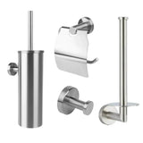 De Lauro RVS WC Set van yessential.nl bestaat uit een toiletborstelhouder, toiletpapierhouder met deksel, badjashaak en reserverolhouder - perfect om moderne elegantie toe te voegen aan elke badkamer.