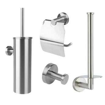 De Lauro RVS WC Set van yessential.nl bestaat uit een toiletborstelhouder, toiletpapierhouder met deksel, badjashaak en reserverolhouder - perfect om moderne elegantie toe te voegen aan elke badkamer.