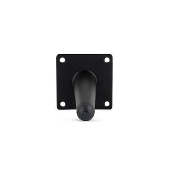 De Pato Black 15cm van yessential.nl is een zwart metalen muurbeugel met een platte vierkante basis en een uitstekende cilindrische pin, gezien vanaf de voorkant. De bodemplaat heeft vier zichtbare schroefgaten, vergelijkbaar met stalen meubelpootjes.