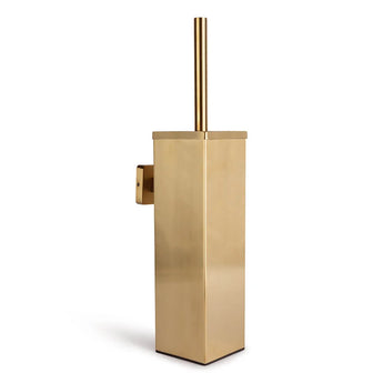 De Damiano Gold WC set van yessential.nl: een rechthoekige, goudkleurige toiletborstelhouder met bijpassende handgreep, modern design en praktische muurbevestiging.